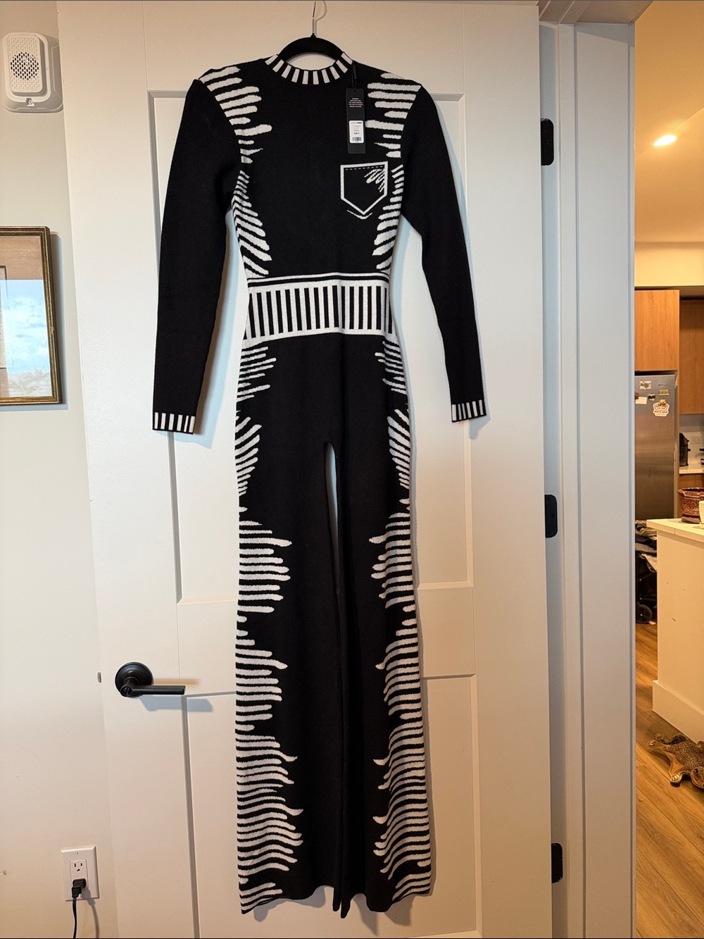 Fashion Nova Black and White Long-Sleeve Patterned Knit Jumpsuit